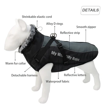 Vodotěsné Velký Pes Oblečení Zimní Srst Psa S Postrojem Kožešinový Límec Teplé Pet Oblečení Velký Pes Kabát Labrador, Bulldog Kostým