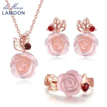 LAMOON Květ Růže Sterling Silver 925 Šperky Sady Rose Quartz Kameny 18K Rose Gold Plated Jemné Šperky stříbrná souprava V033-1