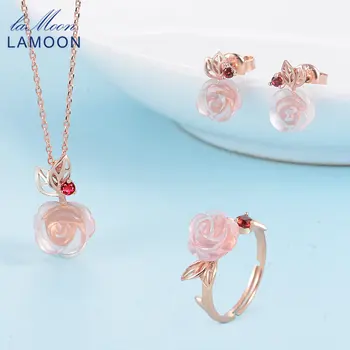 LAMOON Květ Růže Sterling Silver 925 Šperky Sady Rose Quartz Kameny 18K Rose Gold Plated Jemné Šperky stříbrná souprava V033-1