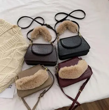 Krokodýlí vzor Tote bag Plyšové 2020 Módní Nové Kvalitní PU Kůže Ženy Značkové Kabelky Vintage přes Rameno Messenger Bag