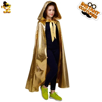 DSPLAY Nový Styl Děti Plášť Kostým Dívky Třpytivé Zlaté Dlouhé Cape Připojené s Kapucí Pro Děti Halloween Cosplay Party