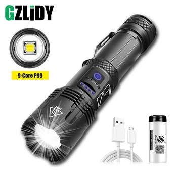 Silný XHP99 LED Svítilna, USB Nabíjecí, Vodotěsné Pochodeň s Baterií Displej Teleskopický Zoom Super Světlé 18650 Lucerna