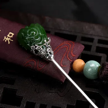 925 Sterling Silver Hair Stick Čínské Jade Hanfu Vlasy, Příslušenství, Šperky Žen Pin Vlásenka Vintage Zelený Kámen Pivoňka Květ