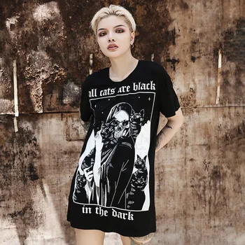 Černá Tmavě Goth Žena Dlouhé T košile Šaty 2020 Lady, Lebka, Cool Cat Print Hipster Venkovní Módní Tričko Gothic Punk Základní Horní