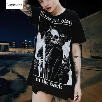 Černá Tmavě Goth Žena Dlouhé T košile Šaty 2020 Lady, Lebka, Cool Cat Print Hipster Venkovní Módní Tričko Gothic Punk Základní Horní