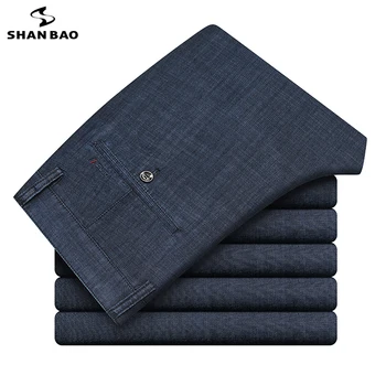 SHAN BAO vysoce kvalitní měkké modální bavlna stretch fit rovné džíny klasické výšivky obchodní ležérní pánské letní tenké džíny