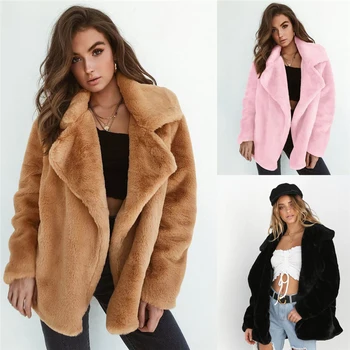 Dámský Kabát Teplý Podzim Fleece Kožešiny Kabát Vynosit Turn-Down Límec Svetr Ženy Tenké Volné Plus Velikost Open Stitch Oblečení