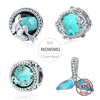 MOWIMO Real 925 Sterling Silver Mermaid Kouzlo Skleněné Korálky Fit Originální Stříbrné Náramky Přívěsek Pro Ženy Luxusní Šperky Dárek