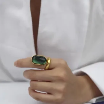 SRCOI Vintage Oválný Umělý Zelený Kámen Prsten, Unikátní Design Geometrické Otevřený Kroužek Temperament Ženy Módní Šperky 2020