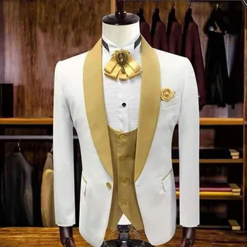 ANNIEBRITNEY Bílí Muži 3 Ks Formální Slim Fit Obleky Nastavit Vlastní Vlny Ženich Svatební Oblek Slim Fit Ples Svatební Oblek