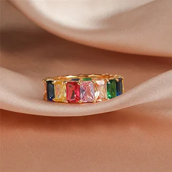 Vintage Ženy, Rainbow Square Crystal Šperky Žluté Zlato Barva Snubní Prsteny Pro Ženy Kouzlo Nevěsty Zásnubní Prsten