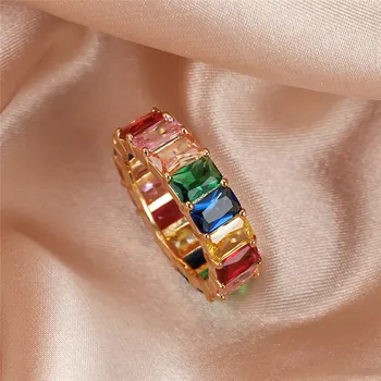 Vintage Ženy, Rainbow Square Crystal Šperky Žluté Zlato Barva Snubní Prsteny Pro Ženy Kouzlo Nevěsty Zásnubní Prsten