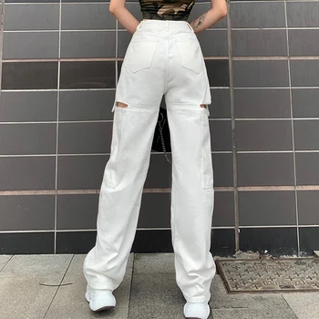 Weekeep Módní vydlabat Bílé Dámské Džíny Streetwear Vysokým Pasem Tlačítko Džínové Kalhoty Vintage Rovné Harajuku Cargo Kalhoty