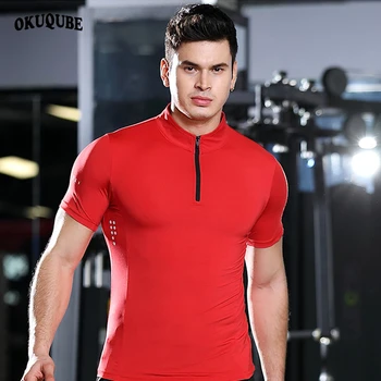 Muži Sportovní Košile Výstřih Zip Reflexní Prodyšné Cvičení Jersey Košile Black Red White Gym Jogging Běží T-košile M-3XL
