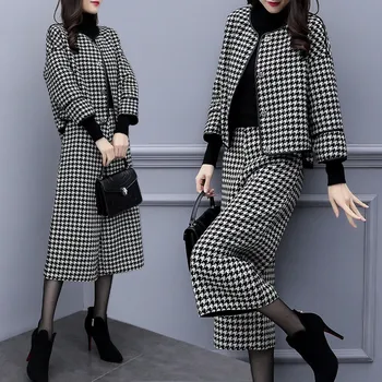 Podzimní a zimní dámské oblek temperament zkontrolujte kabát dvoudílné 2019 nové slim short dámské sako Elegantní široké kalhoty