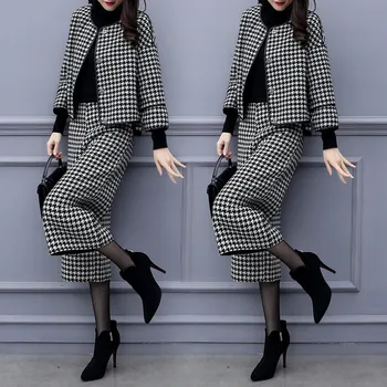 Podzimní a zimní dámské oblek temperament zkontrolujte kabát dvoudílné 2019 nové slim short dámské sako Elegantní široké kalhoty