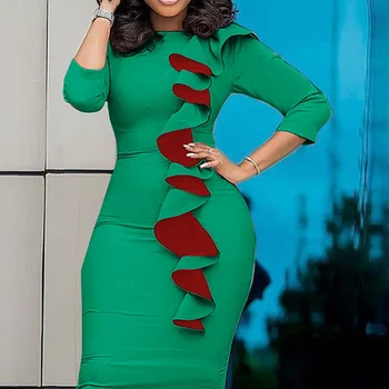Falbala Koktejlové Šaty Ženy 2020 Letní Módní Pevné Zelené Kolem Krku Svetr Mid-Tele Koktejlové Šaty Elegantní Pracovní Oděvy