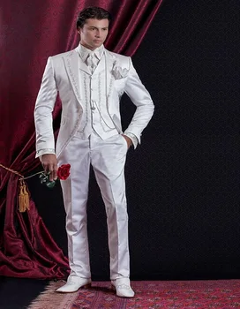 Klasický Styl Zlaté Výšivky Ženich Smokingy Bílé Mládenci Pánské Svatební Plesové Obleky Sako S Kalhoty (Bunda+Kalhoty+Vesta)