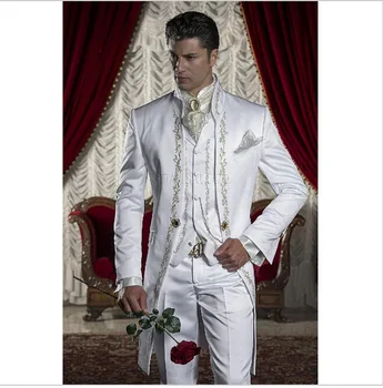 Klasický Styl Zlaté Výšivky Ženich Smokingy Bílé Mládenci Pánské Svatební Plesové Obleky Sako S Kalhoty (Bunda+Kalhoty+Vesta)