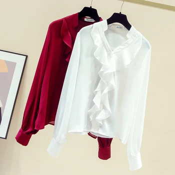 Pevné Dámské Šifon Tričko New Dlouhým Rukávem Retro Korean Oblečení Volánky V-neck Ulici Rukáv Ženy Košile Blusas Mujer 11144