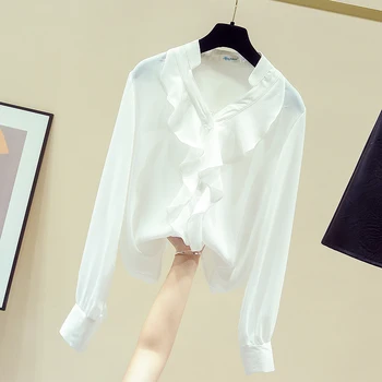 Pevné Dámské Šifon Tričko New Dlouhým Rukávem Retro Korean Oblečení Volánky V-neck Ulici Rukáv Ženy Košile Blusas Mujer 11144