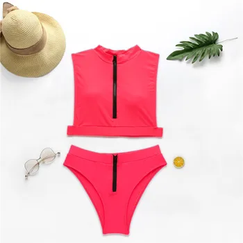 Neon Barevné Plavky, Ženy S Vysokým Pasem Bikini Set Ke Krku Plavky Dvoudílné Plavky Zip Jednotné Bikiny Plavky Plavec