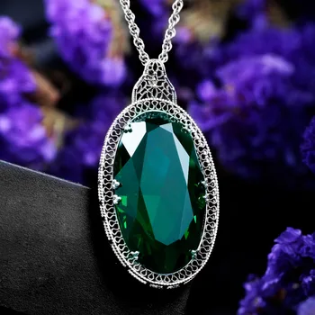 Žena Vintage Přívěsek Stříbro 925 Široké Velké Oválné Emerald Gem Kámen Gothic Náhrdelník Luxusní Středověké Goth Party Žen, Šperky Nové