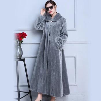 Nerazzurri Skutečný kožich extra dlouhá šedá sukně ovčí kožešiny kabát tlusté zimní stříhaný jehněčí kožešiny kabát plus velikosti 5xl 6xl