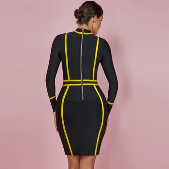 Ocstrade Ženy Obvaz Šaty 2019 Nové Sexy Žluté Symetrický Obrys Detail Černý Rolák Dlouhý Rukáv Bodycon Šaty Party