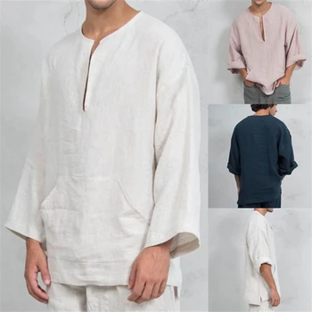 Čínský Styl Oblečení pro Muže Dlouhý Rukáv Pevné Plátěné Kung-Fu Oblečení pro Volný čas Loose T-shirt Tang Topy Orientální Kostýmy