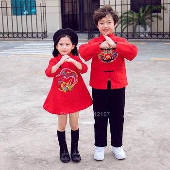 2020 Čínský Nový Rok Tang Oblek Rodiny Odpovídající Oblečení Červená Máma Dcera Cheongsam Šaty, Muže, Děti, Chlapci Hanfu Bunda Topy