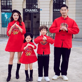 2020 Čínský Nový Rok Tang Oblek Rodiny Odpovídající Oblečení Červená Máma Dcera Cheongsam Šaty, Muže, Děti, Chlapci Hanfu Bunda Topy