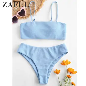 ZAFUL Texturou Polstrované Bandeau Bikini Set Plavky Vysoký Střih Ženské Plavky Drát Zdarma Bikiny s Odnímatelnými Ramínky