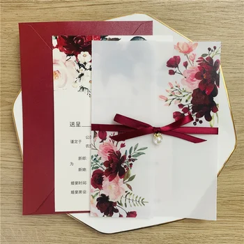 50X Červenat Růžové Pergamen Svatební Pozvánky Zelené Burgundské Květina Personalizované S Obálky Pro Svatební DIY Sladké 15 Zve