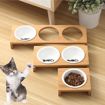 Kočka Misku petl Psy Stojí keramiky Mísy kočky jídlo pro Psa misku na vodu Bambus Zvýšené pet podavače štěně, miska kočka