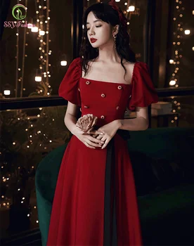 SSYFashion Nové Banket Jednoduché Elegantní Večerní Šaty pro Ženy Wine Červený Člun Krku Dlouhé Formální Šaty Vestidos De Noche