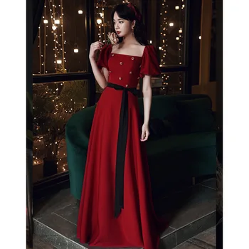 SSYFashion Nové Banket Jednoduché Elegantní Večerní Šaty pro Ženy Wine Červený Člun Krku Dlouhé Formální Šaty Vestidos De Noche