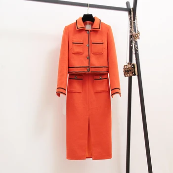 CBAFU designer dráhy dvou dílná sada podzim zima oranžové flitry krátký vlněný kabát vlněné rozdělit dlouhé sukně oblek tvídové sako M235