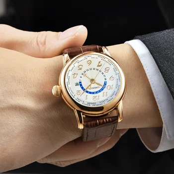 Corgeut 43mm Mechanické Hodinky Pánské White Dial Luxusní Značky, Kalendář, Datum, GMT Automatické Vodotěsné Pánské hodinky Kožený Řemínek