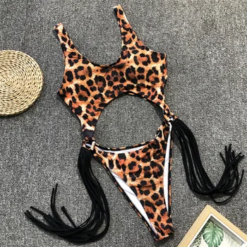 Leopard brazilské jednoho kusu plavky String monokini Sexy Vysoký střih bikiny 2019 Push up plavky Střapec z jednoho kusu obleky, plavky