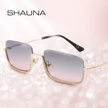 SHAUNA Luxusní Crystal sluneční Brýle Módní Ženy Půl Rám Obdélník Odstíny UV400