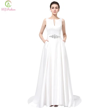 SSYFashion Svatební Luxusní Bílé Saténové Večerní Šaty Se Sexy Výstřihem S Krystal Party Šaty Vlastní Ples Šaty Reflexní Šaty