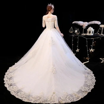LAMYA Lace Soud Vlak Svatební Šaty Elegantní Loď Krk Vlak Princezna Nevěsta Šaty Šampaňské Plus Velikost Rojo Vestidos De Novia