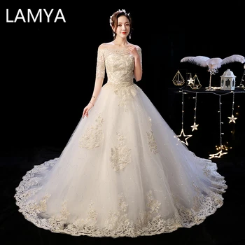 LAMYA Lace Soud Vlak Svatební Šaty Elegantní Loď Krk Vlak Princezna Nevěsta Šaty Šampaňské Plus Velikost Rojo Vestidos De Novia