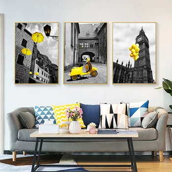 Moderní Minimalistický City Road Plátně Obraz, Plakát Žlutý Deštník Plátno Tisk, Domácí Výzdoba Obrázky Pro Obývací Pokoj CH077