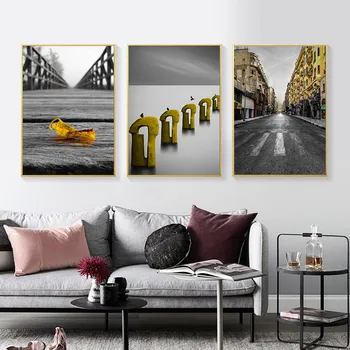 Moderní Minimalistický City Road Plátně Obraz, Plakát Žlutý Deštník Plátno Tisk, Domácí Výzdoba Obrázky Pro Obývací Pokoj CH077