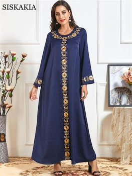 Siskakia Vintage Etnické Výšivky Maxi Šaty pro Ženy Spadnout 2020 Plus Velikosti O Krk Dlouhý Rukáv arabské Muslimské Turecko Námořnictvo Oblečení