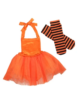 Baby Girl Halloween CostumeCute Dýně Tvář Flitry Ohlávka Body, Tutu Šaty + Pruhované Ponožky 2ks Oblečení 0-24M