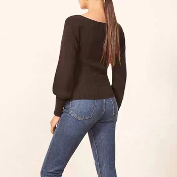 Vintage francouzský Styl Velké Metrů Ženy Dlouhé Puff Rukáv Pletené Pevné Top T-košile na Jaře ženy Ženy Longsleeve Solid Top