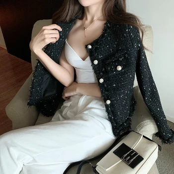 2020 Nové Podzimní dámské Tvídové Sako vysoce kvalitní Malý Vůně Pearl single breasted Ženy korejské Krátké Elegantní Kabát